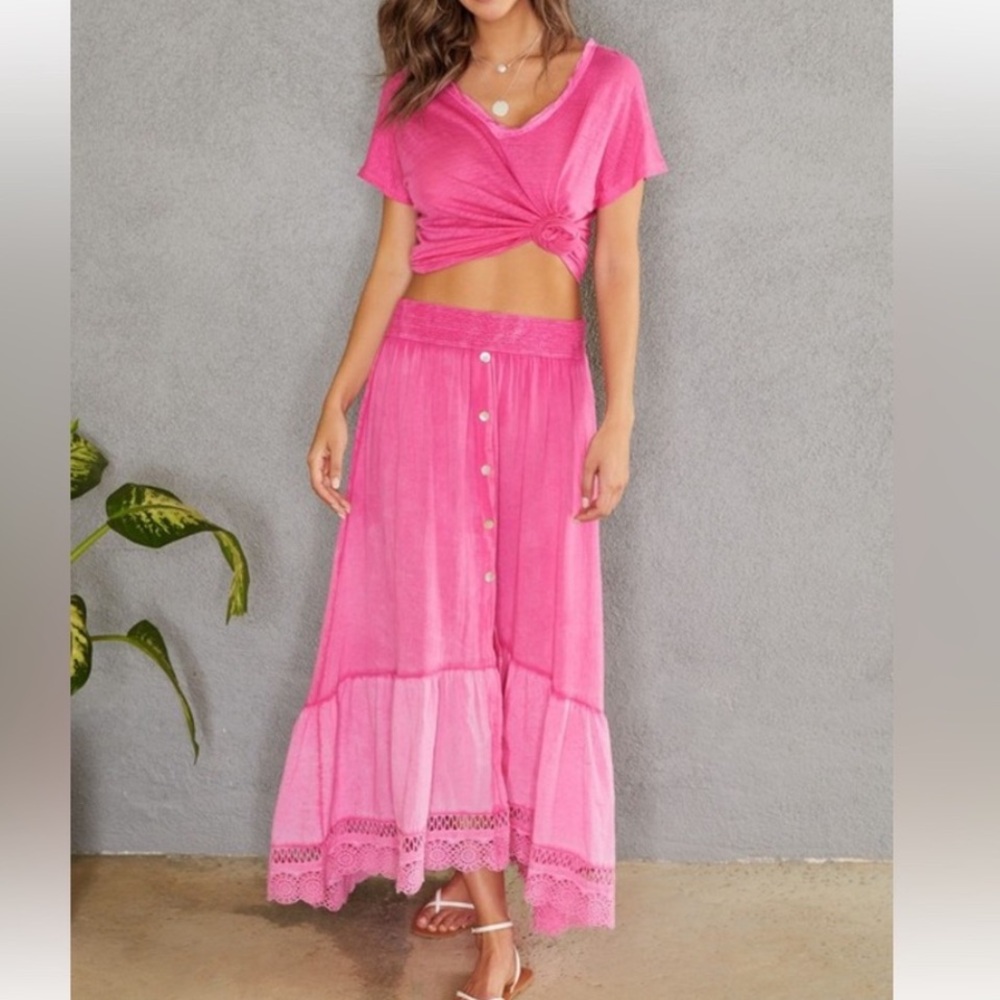 NEW BOHEMIAN BRAIDED ELASTIC WAIST LINEN COTTON PINK MAXI SKIRT - Picture 1 of 7